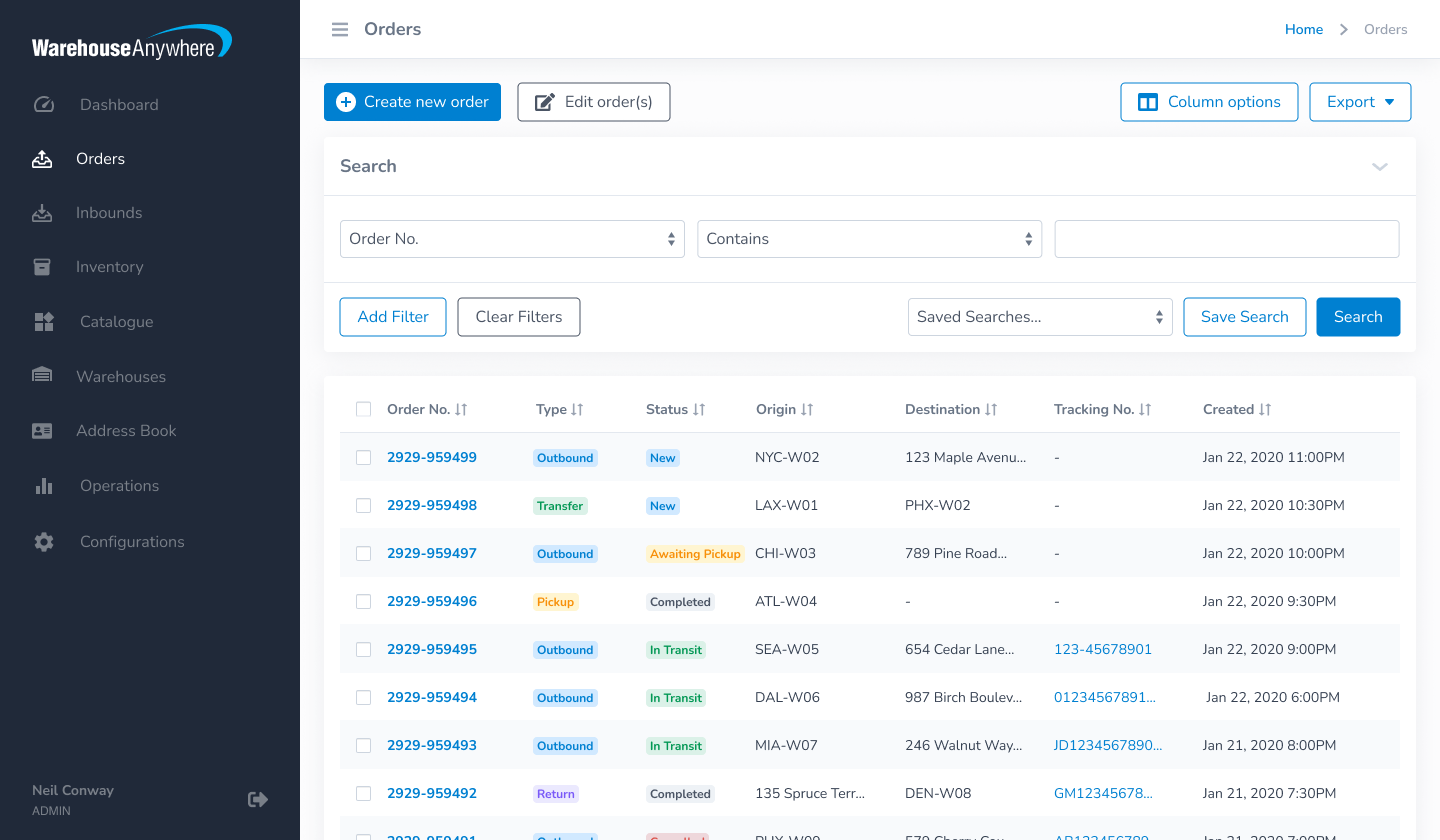 Dashboard navigation and data tables